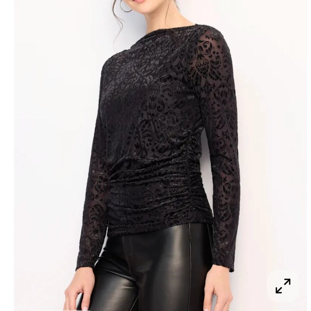 Nine Britton Long Sleeve Burnout Velvet Ruched Knit Top Size L